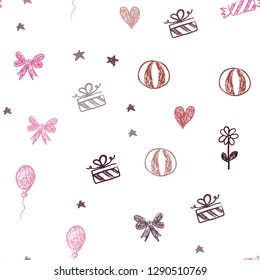Light Pink, Red vector seamless pattern in christmas style. Illustration with a colorfulheart, baloon, candy, gift, star, ribbon. Pattern for new year ads.