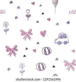 Light Pink, Red vector seamless template with carnival elements. Abstract illustration with a toy car, heart, baloon, tulip, candy, ball. Pattern for birthday gifts.