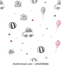 Light Pink, Red vector seamless backdrop in holiday style. Shining illustration with a toy car, baloon, candy, star, ball. Pattern for birthday gifts.