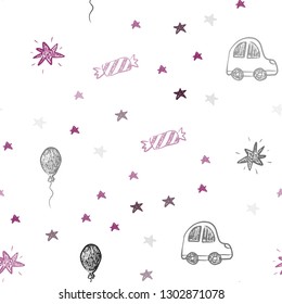 Light Pink, Red vector seamless pattern in christmas style. Shining illustration with a toy car, baloon, candy, star, ball. Pattern for carnival, festival ads.