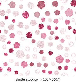 Light Pink, Red vector seamless elegant background with leaves, flowers. Leaves and flowers with gradient on white background. Design for textile, fabric, wallpapers.