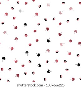 Light Pink, Red vector seamless cover with set of coffee beans. Decorative gradient design of coffee cups and beans. Template of a black hot beverage in a cafe.