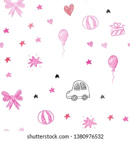Light Pink, Red vector seamless pattern with christmas toys. Abstract illustration with a toy car, heart, baloon, tulip, candy, ball. Design for colorful commercials.