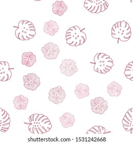 Light Pink, Red vector seamless doodle background with flowers, leaves. Glitter abstract illustration with leaves and flowers. Pattern for design of fabric, wallpapers.