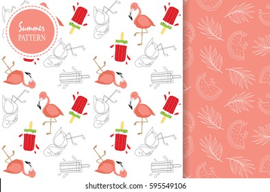 Light pink red white seamless pattern with flamingo,ice cream and leaf in summer