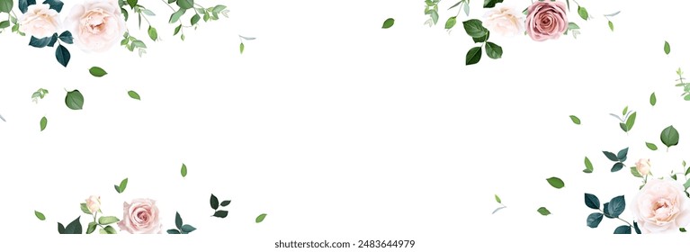 Light pink rose, blush pale rose, ranunculus, eucalyptus, emerald greenery vector design banner frame. Wedding seasonal flower card. Floral watercolor horizontal composition. Isolated and editable
