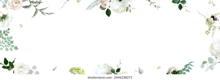 Light pink rose, blush ranunculus, white peony, hellebores, emerald greenery vector design banner frame. Wedding seasonal flower card. Floral watercolor horizontal composition. Isolated and editable