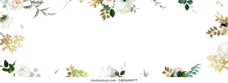 Light pink rose, blush ranunculus, white peony, hellebores, emerald greenery vector design banner frame. Wedding seasonal flower card. Floral watercolor horizontal composition. Isolated and editable