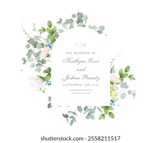 Light pink rose, green hydrangea, eucalyptus, greenery, forget me not flowers vector design frame. Wedding seasonal flower card. Floral watercolor round arch banner composition. Isolated and editable