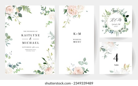 Light pink rose, white orchid, lilac, blush ranunculus, eucalyptus, greenery, magnolia, fern vector design frames. Wedding seasonal flower cards. Floral watercolor composition. Isolated and editable