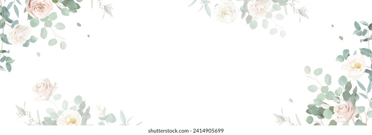 Light pink rose, white peony, magnolia, blush ranunculus, eucalyptus, greenery, fern vector design frame. Wedding seasonal flower cars. Floral watercolor banner composition. Isolated and editable