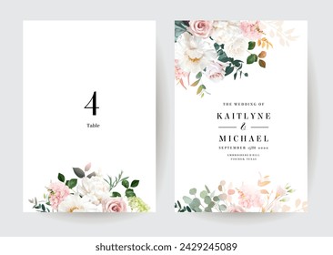 Light pink rose, white peony, magnolia, blush ranunculus, eucalyptus, greenery, fern vector design frames. Wedding seasonal flower cards. Floral watercolor banner compositions. Isolated and editable  