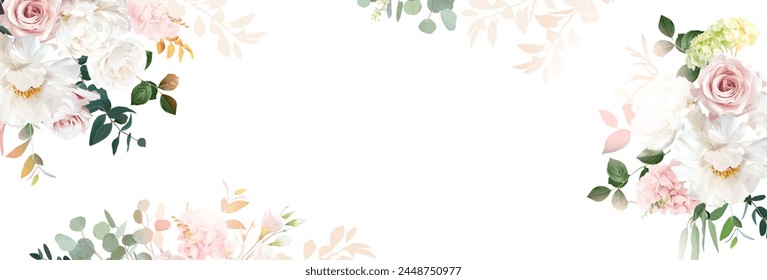 Light pink rose, white peony, hydrangea, blush ranunculus, eucalyptus, greenery, fern vector design frame. Wedding seasonal flower card. Floral watercolor banner composition. Isolated and editable