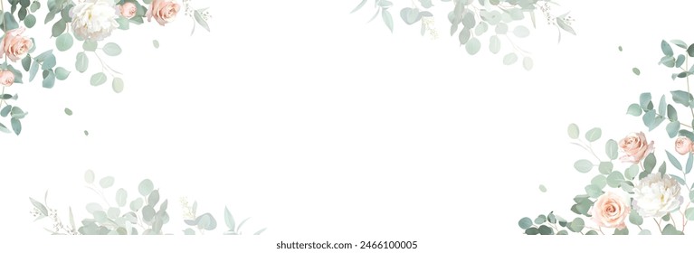 Rosa rosa claro, peonía blanca, ranúnculo rubor, eucalipto verde menta, verde, marco de diseño de Vector helecho. Tarjeta de Boda de flores estacionales. Acuarela floral composición de Anuncio. Aislado y editable