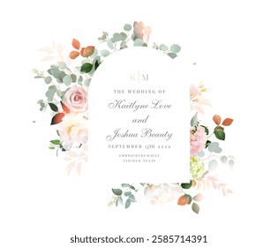 Light pink rose, white peony, hydrangea, blush ranunculus, eucalyptus, greenery, fern vector design frame. Wedding seasonal flower arch card. Floral watercolor banner composition.Isolated and editable