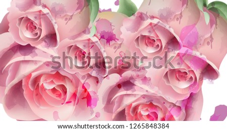 Light pink roses watercolor card Vector. Invitation card, wedding ceremony, delicate postcard, Women day greeting card. Beautiful pastel colors
