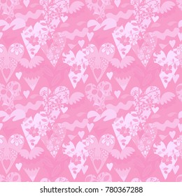 Light pink seamless pattern. Hearts, flowers and leaves. Pastel colors.