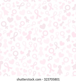 Light Pink Seamless Pattern with ribbon, heart, feminine sign. For Breast Cancer Awareness Month campaign backgrounds. Vector illustration