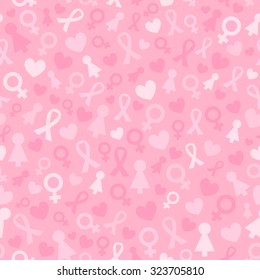 Light Pink Seamless Pattern with ribbon, heart, feminine sign. For Breast Cancer Awareness Month campaign backgrounds. Vector illustration