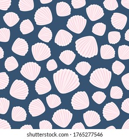 Light pink seashells on calm blue background. Seamless ocean sea flat pattern. Suitable for packaging, textile, poster, card.