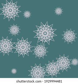 Light Pink Sharp Christmas Emerald Night Sky Background. Snowflakes Green Cold Pastel Mandala Background. Chaotic White Luxury Winter Print Ornament. New Year Turquoise Stars Dark Composition.