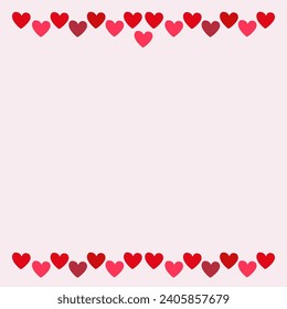 Light pink square background with stripes of hearts on the bottom and top for Valentine's Day, wedding for social media posts. Romantic vector background with place for text