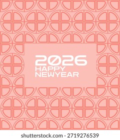 A light pink square card featuring a repeating geometric pattern of circular symbols surrounding a central 2026 greeting box The balanced and symmetrical design provides a modern aesthetic while incorporating traditional Asian decorative elements