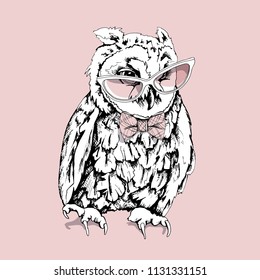 Оwl in a light pink sunglasses and in a bow tie. Vector illustration. Poster, t-shirt composition, hand drawn style print.
