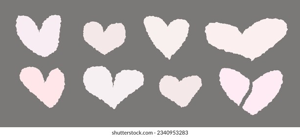 Light pink torn paper hearts set. Collection of ripped heart-shaped elements with rough edges. Paper shapes pack for poster, banner, collage, note, text box, sticker. Vector illustration bundle.