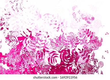 Light Pink vector abstract design with leaves, flowers. Abstract illustration with leaves, flowers in doodles style. Textured pattern for websites, banners.