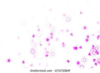 Light Pink vector backdrop with bright stars, suns. Shining illustration with stars, suns on abstract template. Template for cosmic backgrounds.