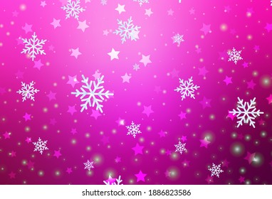 Fondo vector claro rosa con hermosos copos de nieve, estrellas. Ilustración colorida brillante con formas de nieve gradiente. Patrón para los sitios web de Año Nuevo.
