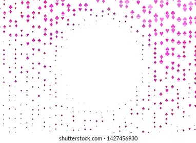 Light Pink vector background with cards signs. Blurred decorative design of hearts, spades, clubs, diamonds. Pattern for ads of parties, events in Vegas.