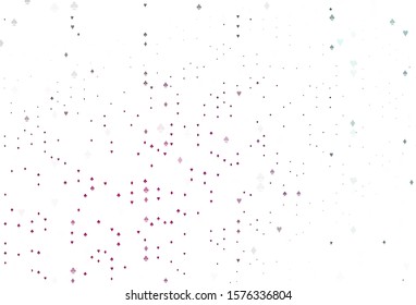 Light Pink vector background with cards signs. Illustration with set of hearts, spades, clubs, diamonds. Template for business cards of casinos.