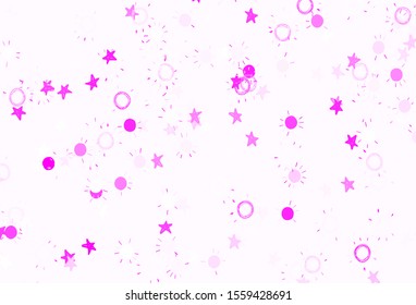 Light Pink vector background with colorful stars, suns. Modern geometrical abstract illustration with stars, suns. Pattern for astrology websites.