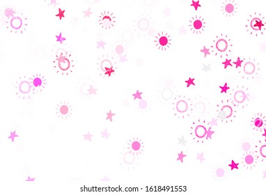 Light Pink vector background with colorful stars, suns. Modern geometrical abstract illustration with stars, suns. Pattern for astronomy websites.