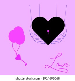 Light Pink vector background layout with black hearts that waiting someone to unlock with writing love word. Illustration with hearts in love concept for valentine's day. Beautiful design.