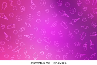 Light Pink vector background with tasty sweets. Glitter abstract sketch with sweets, candies, desserts. Pattern for ads of breakfast, lunch, dinner.