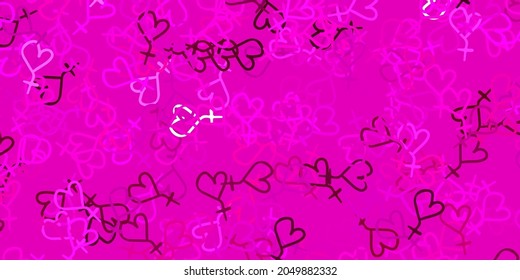 Hellrosa Vektorhintergrund mit Frauensymbolen. Illustration mit Zeichen der Stärke und der Macht der Frauen. Design für den Internationalen Frauentag.
