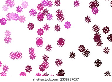 Fondo vectorial rosa claro con copos de nieve de Navidad. Ilustración abstracta brillante con cristales de hielo. El patrón se puede usar para anuncios de año nuevo, folletos.