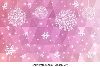 Light Pink vector christmas polygon background. Low poly Illustration consisting of triangles with snowflakes. Texture, seamless background of New Year celebration.