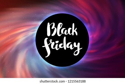Light Pink vector cover with a black hole, nebula. Abstract illustration with glitter colorful cosmic stars. Backdrop for ads, leaflets of Black Friday.