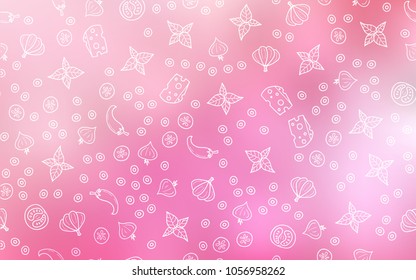 Light Pink vector cover with cuisine gourmet. Illustration with set of fresh food in doodle style. Pattern for ad, booklets, leaflets of restaurants.