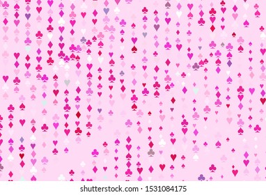 Light Pink vector cover with symbols of gamble. Illustration with set of hearts, spades, clubs, diamonds. Design for ad, poster, banner of gambling websites.