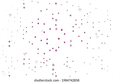 Light Pink vector cover with symbols of gamble. Colored illustration with hearts, spades, clubs, diamonds. Design for ad, poster, banner of gambling websites.
