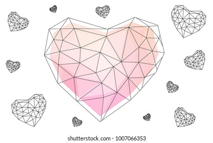 Light Pink vector greeting Card Happy Valentine's Day. Lettering with hearts on the white polygonal background. Colored triangular illustration for your business.