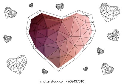 Light Pink vector greeting Card Happy Valentine's Day. Lettering with hearts on the white polygonal background. Colored triangular illustration for your business.