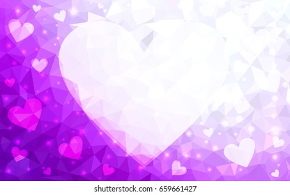Light Pink vector greeting Card Happy Valentine's Day. Lettering with hearts on the white polygonal background. Colored triangular illustration for your business.