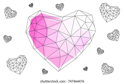 Light Pink vector greeting Card Happy Valentine's Day. Lettering with hearts on the white polygonal background. Colored triangular illustration for your business.