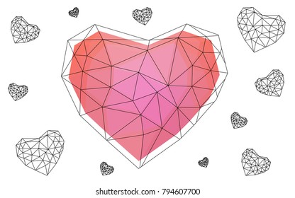 Light Pink vector greeting Card Happy Valentine's Day. Lettering with hearts on the white polygonal background. Colored triangular illustration for your business.